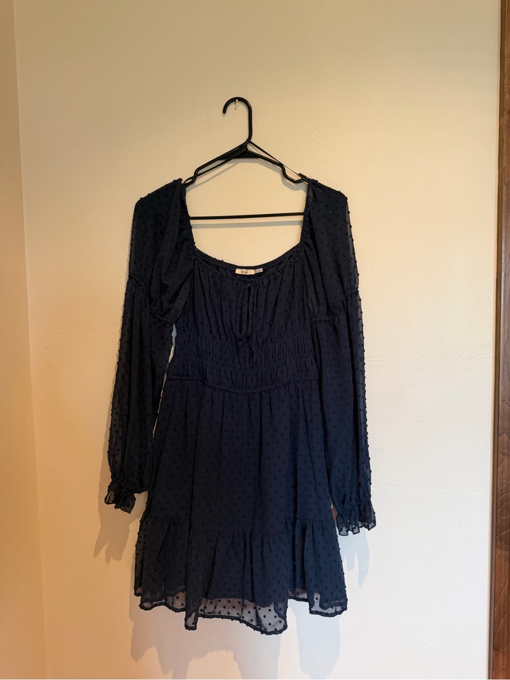 miami Navy Swiss Dot Tiered Long-Sleeve Dress